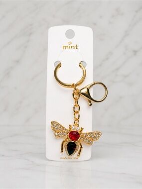 Gold Rhinestone Bee Keychain Clip | Red Crystal Charm | Purse Charm Bag